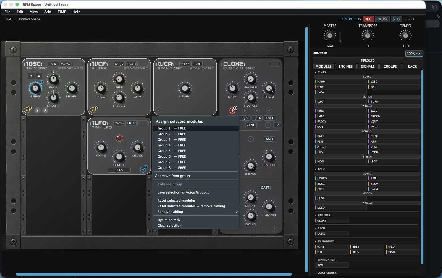 Several selected RFM Space modules with the group assignment menu